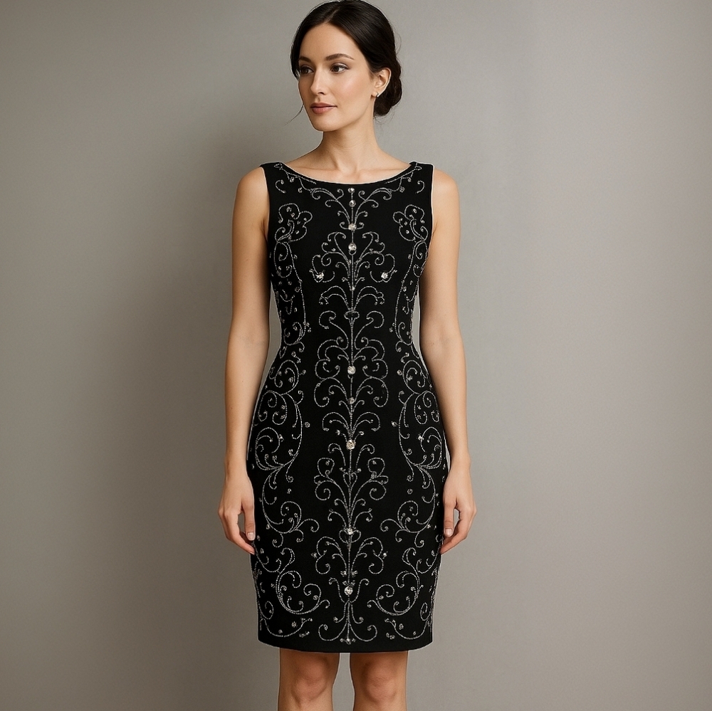 AJ Bari Vintage Beaded Embellished Cocktail Dress Black Size 8 Elegant